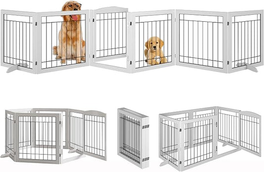 Vantas Folding Pet Gate 144" Wide, 30" Tall No-Assembly Wooden Dog Gate with Door Walk Through, Freestanding Wire Pet Puppy Safety Fence, with 2PCS Support - White