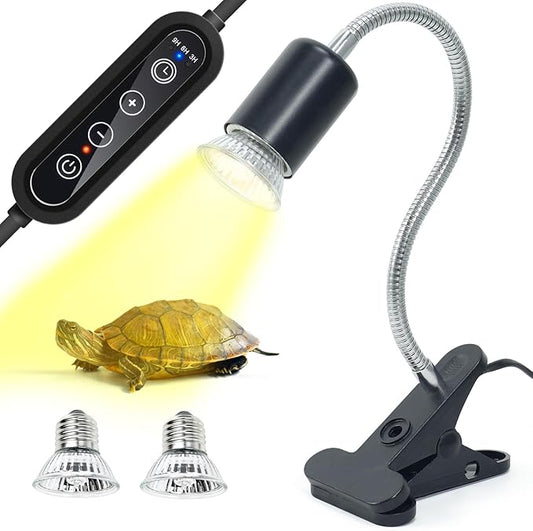 Turtle Timed Heat Lamp with Dual 50W UVB UVA Bulbs for Reptiles, Turtles, Tortoises, and Puppies: Adjustable Heat Switch, 360° Adjustable Angle, Strong Clips