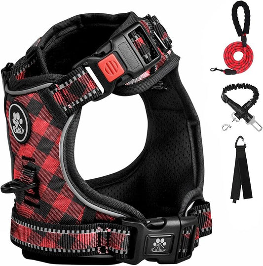 FURRYFECTION Plaid Dog Harness for Large Dogs, Reflective No Pull Adjustable Pet Vest with Front Clip, Leash, Easy Control Handle and Seat Belt, Red&Black, XL