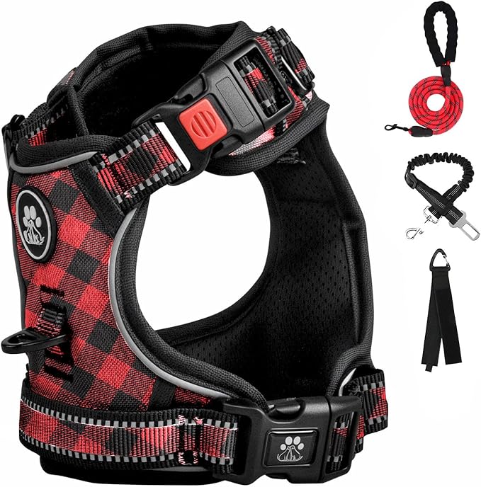 FURRYFECTION Plaid Dog Harness for Large Dogs, Reflective No Pull Adjustable Pet Vest with Front Clip, Leash, Easy Control Handle and Seat Belt, Red&Black, L