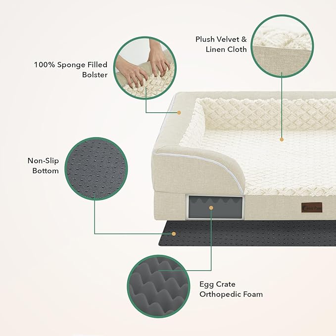 Orthopedic XL Dog Beds, Waterproof Memory Foam Big Pet Bed for Extra Large Sized Dogs 45x35Inch, Non-Slip Bottom and Egg-Crate Foam Dog Couch Bed with Washable Removable Cover, Beige