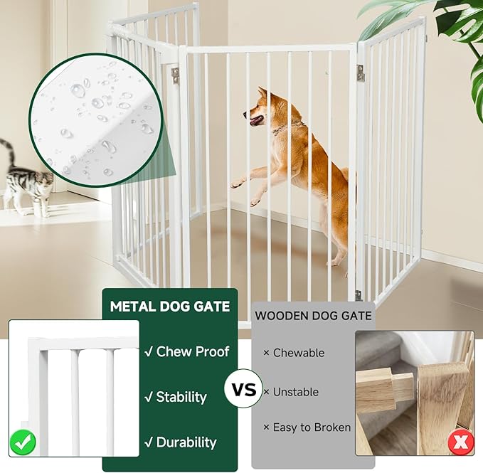 Snagle Paw Metal Freestanding Dog Gate with Door, 80” W x 32” H Dog Fence with Support Feet for Doorways, Stairs and Hallways, Portable Pet Gate for Indoor Use (4 Panel, White)