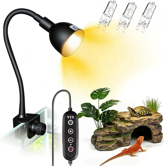 COOSPIDER 50W Reptile Heat Lamp with Clamp & Timer, Small Turtle Basking Light Fixture 360° Rotatable Hose with 2 Spare G9 Base Bulbs for Plants Small Reptiles Bearded Dragon Lizard Snake