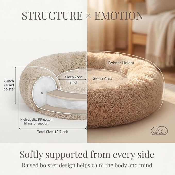 Calming Donut Dogs Beds for Small Dogs Washable,19inch Fluffy Round Puppy Bed for Puppies,Cats & Toy Breeds with Raised Rim,Fits up to 15 lbs Pets,Camel