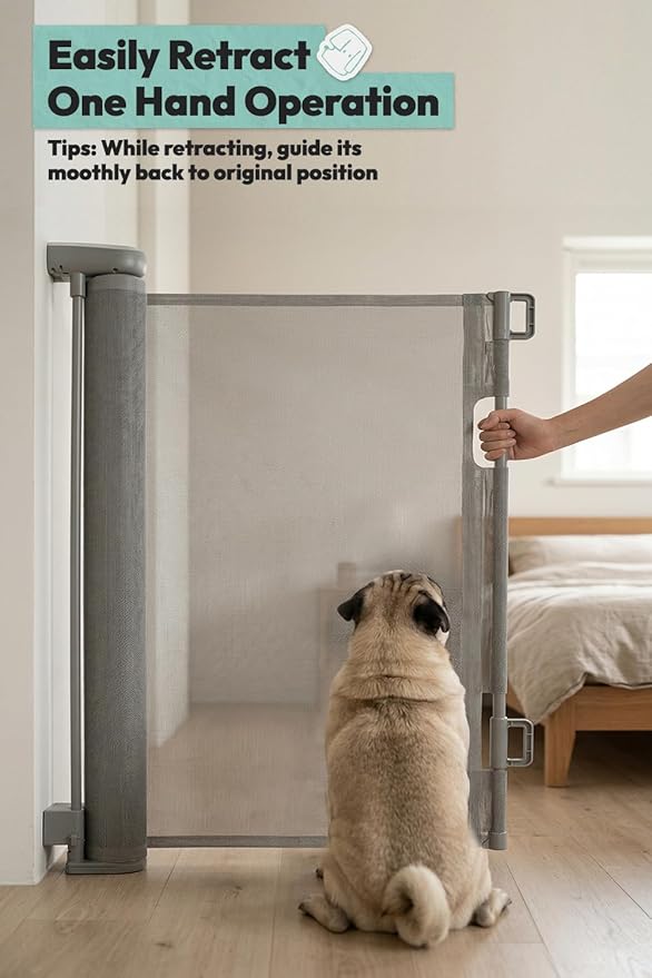 15.7" H Mesh Short Dog Gate, Extends Up to 59" W Retractable Pet Gate with Drill Installation, Small Dog Gate for Stairs, Easy Step Over Low Puppy Gate for Doorways Indoor Outdoor, Grey
