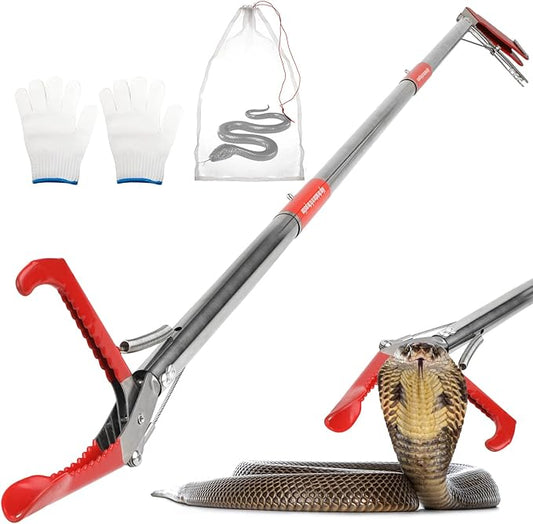 50in Snake Grabber, Snake Tongs Grabber Collapsible, Professional Reptile Snake Catcher Wide Jaw Handling Tool, Stainless Steel Snake Hook Long Reach Grabbers for Camping, Garden and Emergency Use