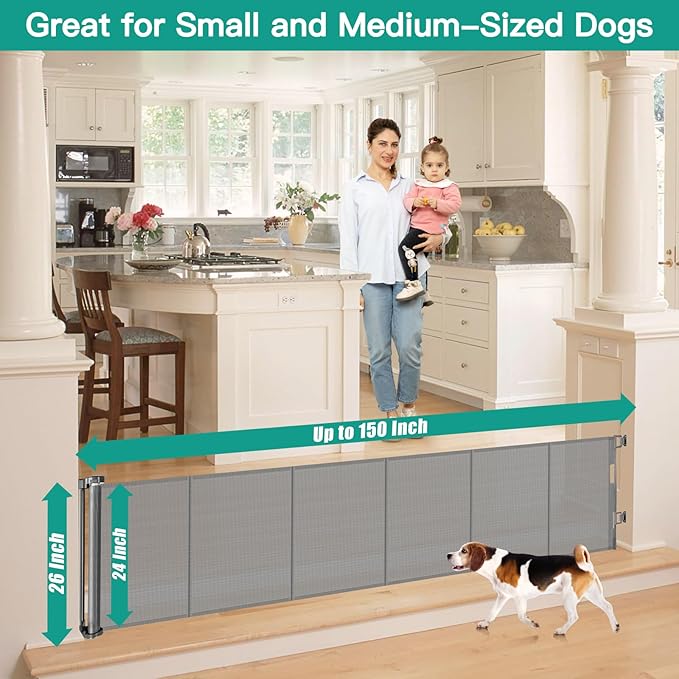 24 Inch Tall x 150 Inch Extra Wide Retractable Dog Gate for The House, Short Baby Gate to Step Over, Reinforced Mesh Puppy Gate for Doorways, Step Over Pet Gate for Stairs, Indoor/Outdoor, Gray