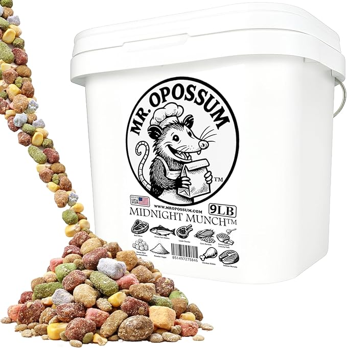 Midnight Munch™ Raccoon and Opossum Food Wildlife Treat Blend Multi Protein Backyard Wildlife Feeding Mix with Beef Lamb Chicken Salmon Corn Peanut Butter Puffs & Marshmallows (9 lb Pail)