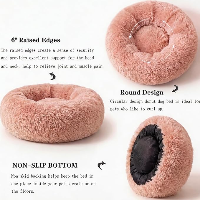 Calming Donut Dogs Beds for Small Dogs Washable,19inch Fluffy Round Puppy Bed for Puppies,Cats & Toy Breeds with Raised Rim,Fits up to 15 lbs Pets,Pink