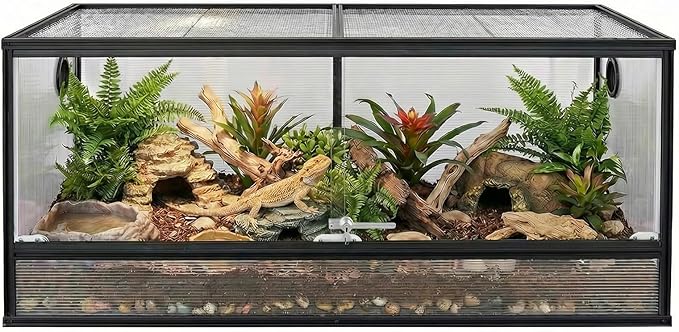 83 Gallon Bearded Dragon Tank 48x20x20in, Insulated Reptile Enclosure with Hollow Sunlight Panels, Aluminum Frame, Locking Sliding Glass Doors & Mesh Screen Top