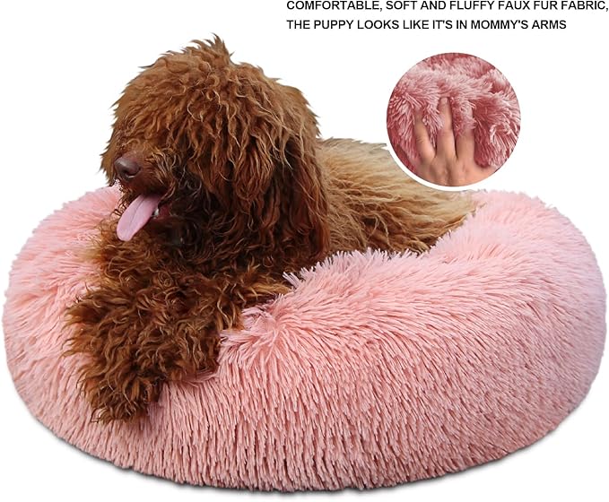 Extra Small Dog Bed 19 Inch,Calming Donut Puppy Bed,Ultra Soft Faux Fur Round Dog Bed for Chihuahua Yorkie Maltese Pomeranian,Pink