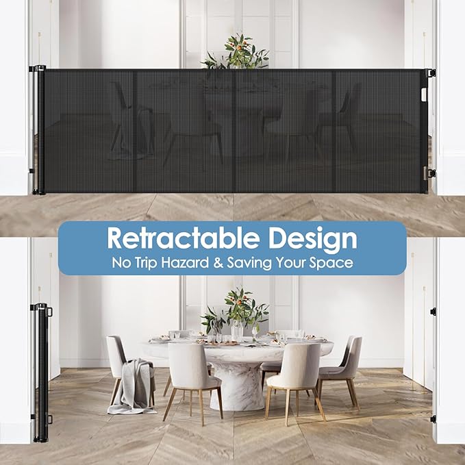 Reinforced 75” Wide Retractable Baby Gates with Support Rods, Retractable Dog Gate for The House Extra Wide Mesh Pet Gate Indoor Outdoor Child Gates for Doorways Stair Gates for Kids or Pets (Black)