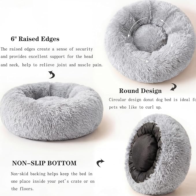 Calming Donut Dogs Beds for Small Dogs Washable,19inch Fluffy Round Puppy Bed for Puppies,Cats & Toy Breeds with Raised Rim,Fits up to 15 lbs Pets,Frost Grey