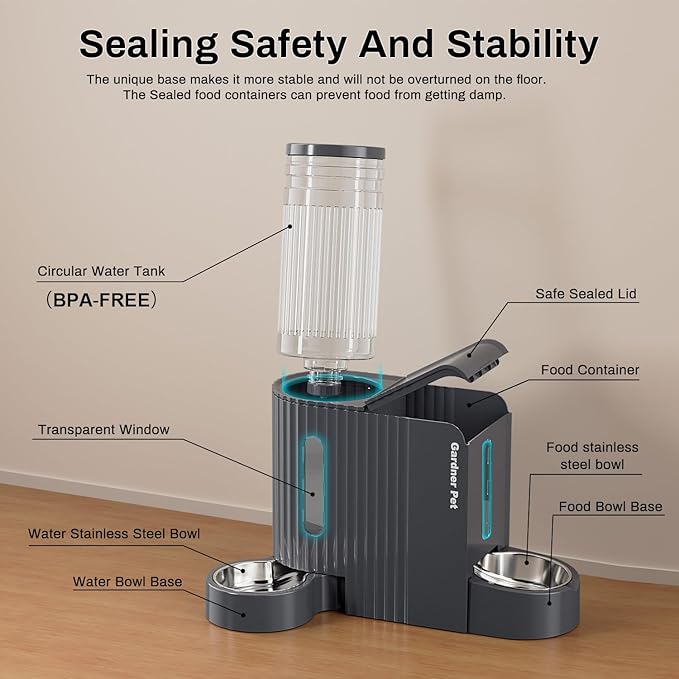 Gardner Pet Gravity Cat Food Feeder and Water Dispenser Stainless Steel Bowls Two-in-One Set Large Capacity Automatic Feeder for Pets Dogs, Puppies, Kittens-(0.8 Gallons x 2)