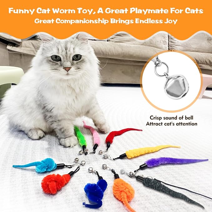 Kerros Fuzzy Worm Cat Wand Refills with Black String, 10 Pcs - Image 2