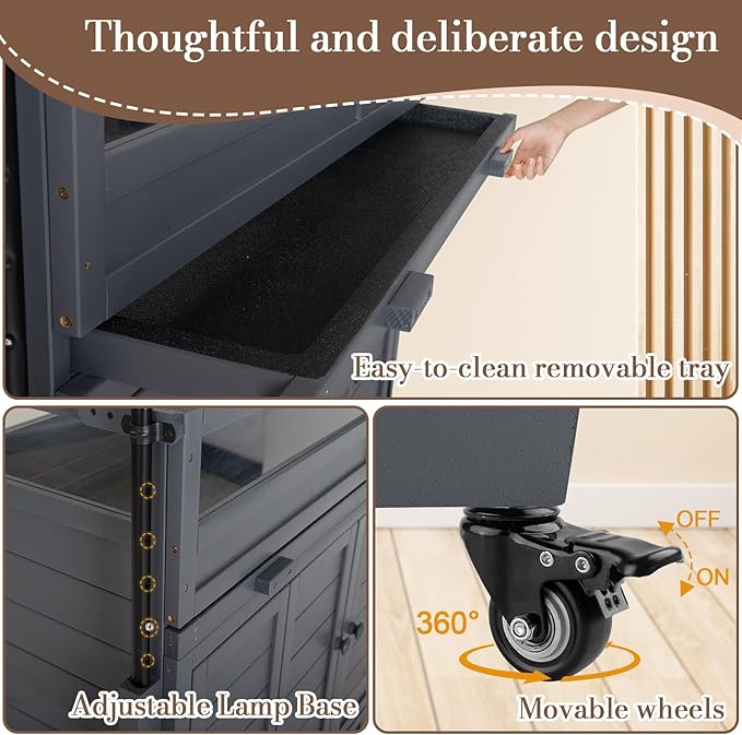 Agitree Premium Reptile Habitat Enclosure for Tortoises, Lizards, and Snakes - Adjustable Lighting, 360° Wheels, Easy-Clean Design, and Secure Ventilation- (Dark Gray)