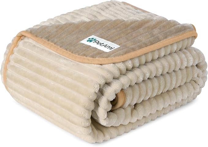 PetAmi Waterproof Dog Blanket, Leakproof Pet Blanket for Small Medium Large Dogs, Reversible Furniture Bed Sofa Couch Cover Protector, Plush Striped Pet Throw for Indoor Cat, 60x80 in, Taupe Beige
