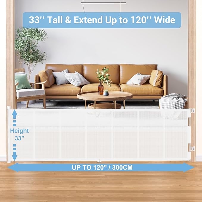 HAMOPY 120 Inch Reinforced Strip Extra Wide Retractable Baby Gate, 33" Tall, Prevent Crawling Through, Wide Extra Long Child Safety Gate for Indoor Baby Fence, Outdoor, Stairs, Deck(White)