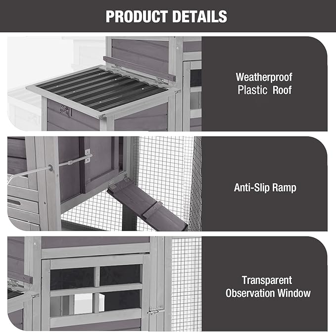 Large Chicken Coop with Run, Wooden Chicken House with Nesting Box, Outdoor Hen House with Wheels and Leakproof Pull-on Tray, Waterproof Poultry Chicken Cages for 5 Chickens