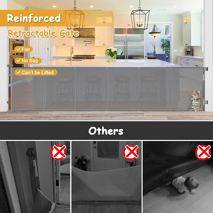 Reinforced 150 Inch Extra Wide Dog Gate with Cat Door 12.5 Ft Extra Long Baby Gates for Large Openings 33” Tall Retractable Pet Gates for Wide Openings Large Pet Gate with Cat Door, Gray