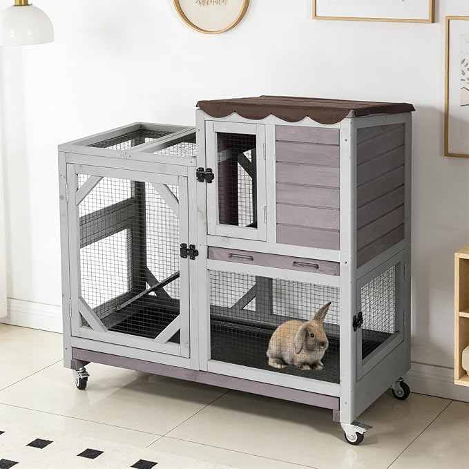 Rabbit Hutch Indoor Outdoor, 2-Story Bunny Cage with Wheels, Wooden Rabbit House with Leakproof Trays, Rain Cover, Guinea Pig Cages with Chew-Proof Ramp (Grey)
