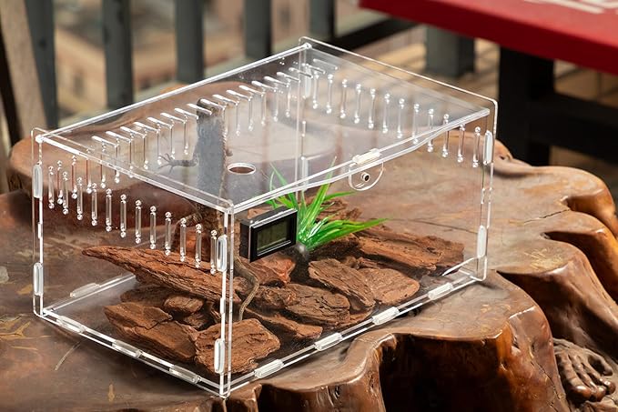 Pet Terrarium Set, Acrylic Reptile Tank with Heating Pad and Hygrometer, Clear Rectangular 12x8x6Inches, Waterproof Modern Design for Small Pets