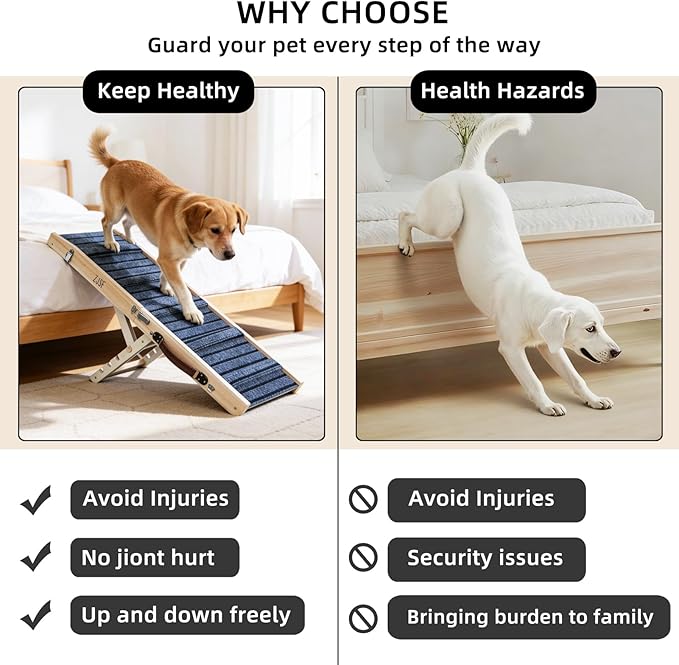 ZJSF Foldable Wooden Dog Ramp for High Bed, Dog Stairs for Small Dogs, High Traction Platform with 4 Adjustable Heights (14"-19.7"), 33", Supports up to 70 lbs