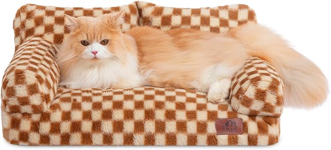 Hollypet Fluffy Dog Cat Bed Pet Couch Beds Plush Soft Warming Washable Puppy Bed for Small Medium Dogs and Large Cats, Brown and Light Yellow, 24" L x 18" W x 10" Th