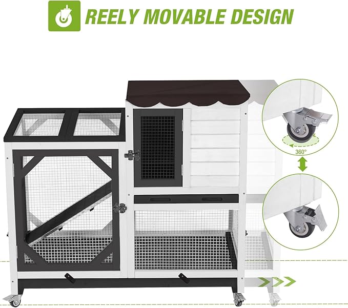 Gutinneen 2-Story Rabbit Hutch Bunny cage Wooden Rabbit Cage Indoor/Outdoor with Chew-Proof Ramp, 2 Leak-Proof Pull-Out Trays, Lockable Wheels for Rabbits, Guinea Pigs, Small Animals (Black and White)