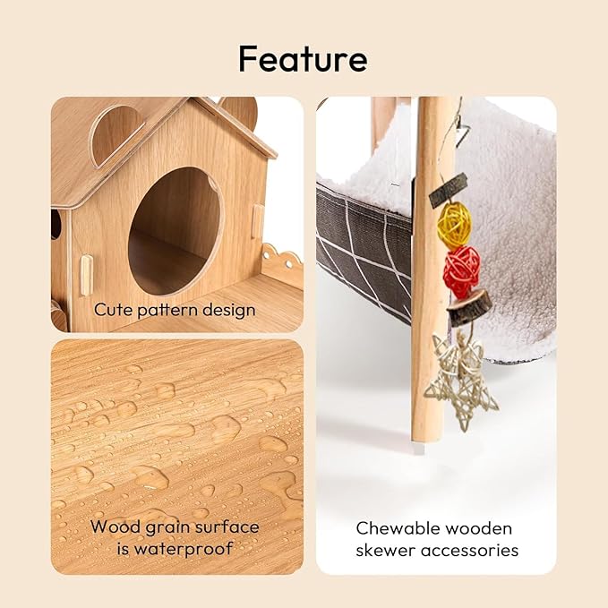 3-in-1 Guinea Pig Hideout, Large Wooden Guinea Pig House with Stairs, Hammock, Mat, and Chew Toys, Suitable for Small Rabbits, Guinea Pigs, Hamsters, and Other Rodents (Style 1)