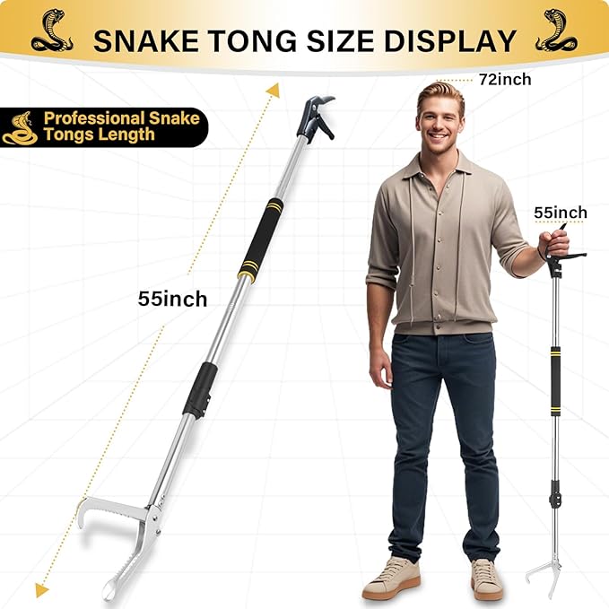 Snake Grabber Tool, 69" Snake Tongs Grabber for Rattlesnake Heavy Duty Professional Folding Snake Feeding Tongs Wide Jaw Snake Handling Tool Long Hndle Stainless Steel Tube