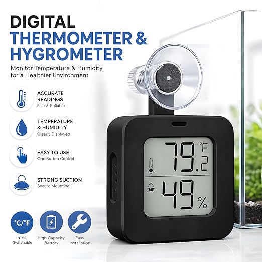 Suction Cup Reptile Thermometer Hygrometer,Large Screen °F/°C Temp&Humidity Gauge for Terrarium Tank Enclosure,Strong Hold,for Gecko,Bearded Dragon,Snake,Tortoise,Hermit Crab,Jumping Spider (1 Black)