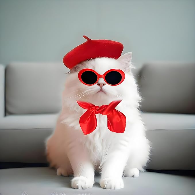 Dog Beret Set Including Dog Beret Satin Scarf Funny Glasses Pet French Artist Beanie for Small Dogs Cats Halloween Christmas Cosplay Party