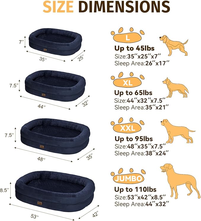 Orthopedic Dog Bed for Extra Large Dogs, XL Waterproof Dog Bed with Bolsters, Supportive Egg Crate Foam Pet Couch Bed with Removable Washable Cover & Non-Slip Bottom, Navy