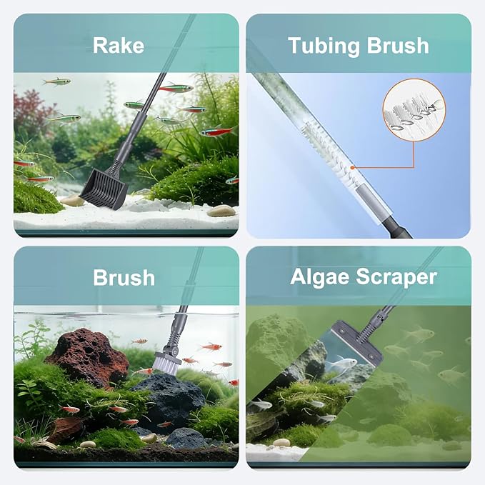 Carefree Fish 6IN1+1 (2026 New Upgrade Edition) Aquarium Cleaning Tools Long Handle Adjustable Length 20~36Inches Fish Tank Cleaner Kit Algae Scraper Scrubber Brushes Set