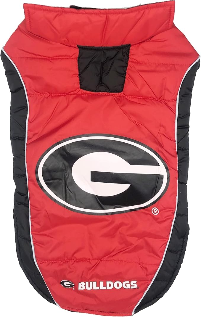 NCAA Georgia Bulldogs Puffer Vest for Dogs & Cats, Size Small. Warm, Cozy, and Waterproof Dog Coat, for Small and Large Dogs/Cats. Best NCAA Licensed PET Warming Sports Jacket