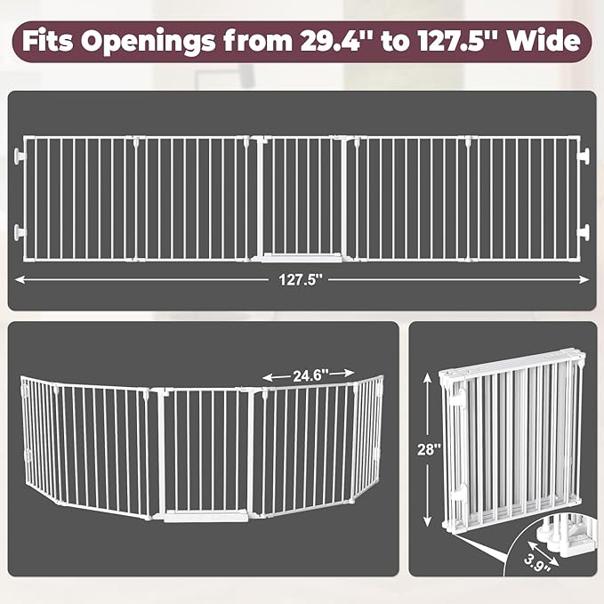 127.5" Extra Wide Baby Gate for Fireplace Christmas Tree, Configurable 5 Metal Panels Baby Fence, Child Gate for Wide Openings with Anti-Trip Pedal, Long Kid Gate for Dog Pet, 28'' Tall White