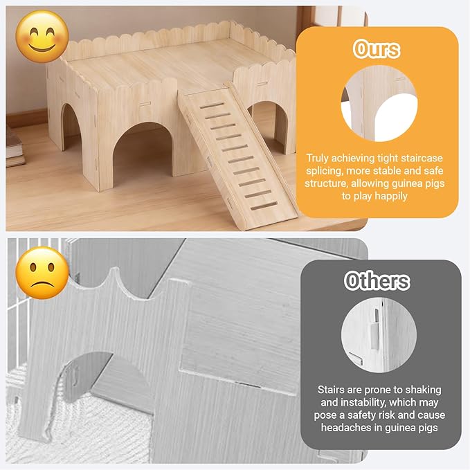 Large Wood Guinea Pig Hideout, 4 Doors Upgraded Guinea Pigs House with Ramp, Easy to Assemble Castle Detachable Small Animal House Bed Hut Habitats for Hamster Hideout/Rabbit/Chinchilla Hideout