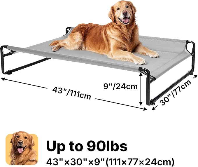 Veehoo Outdoor Elevated Dog Bed,Raised Dog Beds for Large Dogs, Washable Dog Cot with Headrest Sides, Non-Skid Feet, Breathable Mesh, Cooling Pet Hammock for Indoor or Camping, 42", Grey