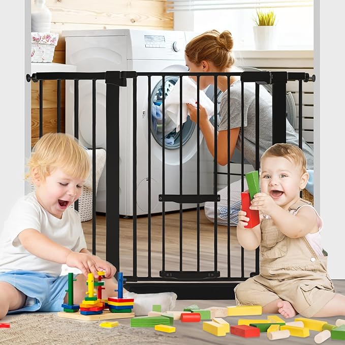 SHYUJAJIE 37 Inch Tall Baby Gate with Cat Door, Adjustable 29.55" and -46.06",Auto Close Pet Gate Easy Walk Thru Pet Door for Stairs, Doorway, House, Pressure Mounted Safety Child Gates