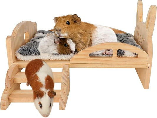 BWOGUE Wooden Guinea Pig Bed with Stairs and Mat, Washable Soft Fleece Small Animal Bed Guinea Pig Platform Bed for Hamsters Dwarf Rabbits Chinchilla Squirrel Hedgehog Habitat