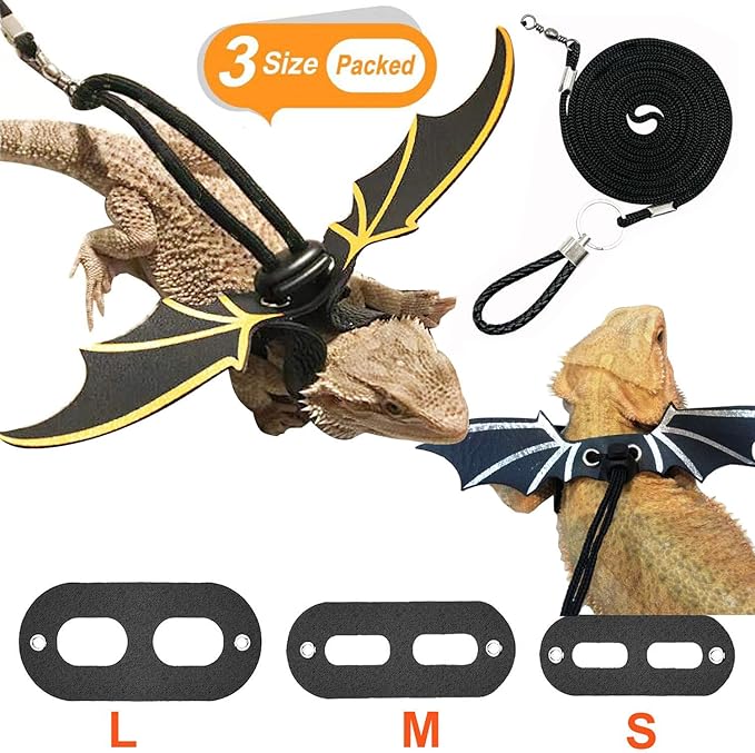 Bearded Dragon Lizard Leash Harness 3 Size Set Leather Dinosaur Wing for Bearded Dragon Lizard Reptiles Gold Gift for Christmas Halloween Costume