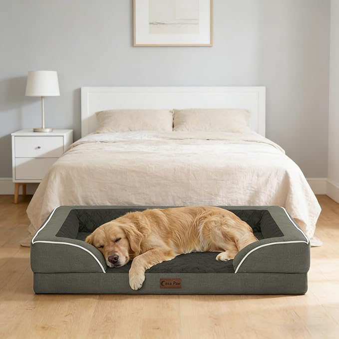 Orthopedic Dog Beds for Large Sized Dogs, Waterproof Memory Foam Large Pet Bed with Sides 35x22Inch, Non-Slip and Egg-Crate Foam Big Dog Couch Bed with Removable Washable Cover, Dark Green