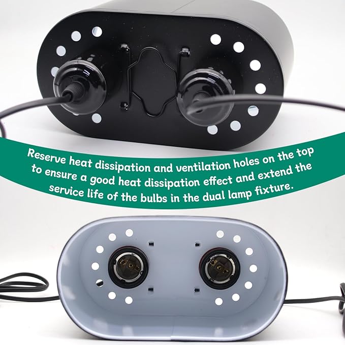 Dual Reptile Deep Dome Lamp Fixture with Temperature Adjustment,Dual Deep Cap Combo Integration Design Heat Lighting Lamp UVB Light with Independent Switches, for Reptile Snake and Tortoise
