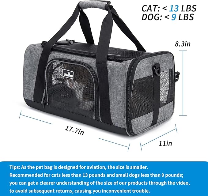 Wakytu TSA Approved Pet Carrier for Small Cats Dogs, Travel Bag with Adequate Ventilation, 5 Mesh Windows, 3 Entrance, Locking Safety Zippers, Padded Shoulder and Carrying Strap, Small
