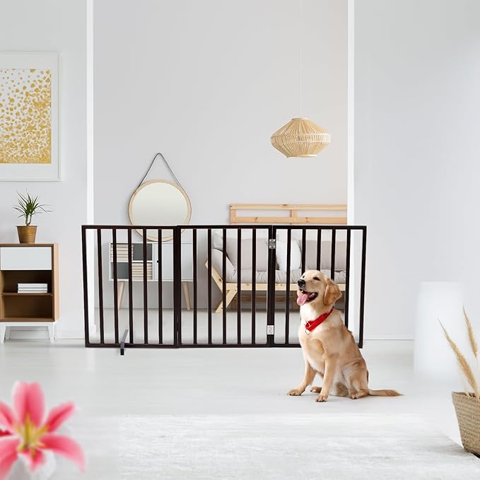 BONNLO Free Standing Dog Gate Indoor, Foldable Pet Gate for Dogs and Puppy, 24" Height Wooden Dog Gates for Doorways Extra Wide/Stairs/Hallways (Walnut, 3 Panel)