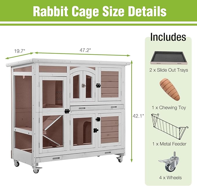 Rabbit Hutch Indoor & Outdoor, Mobile Bunny Hutch with Wheels, 47’’ Wooden Rabbit Cage with 2 Pull Out Trays and Ramp, Two-Story Design Guinea Pig Cages