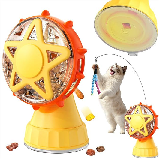 2-in-1 Cat Toys Food Dispenser & Teaser Interactive Toys (Yellow) by HCY%26WLD