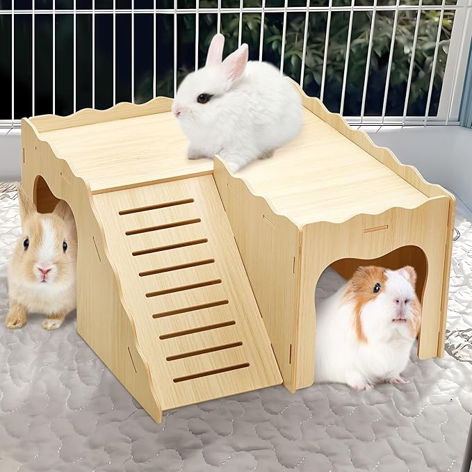 BNOSDM Upgraded Wooden Guinea Pig Hideout with Stair & Loft 2 Tier Detachable Cavy Castle 2 Door Small Animal House Habitat Dwarf Rabbit Climbing Toy Accessories for Cage
