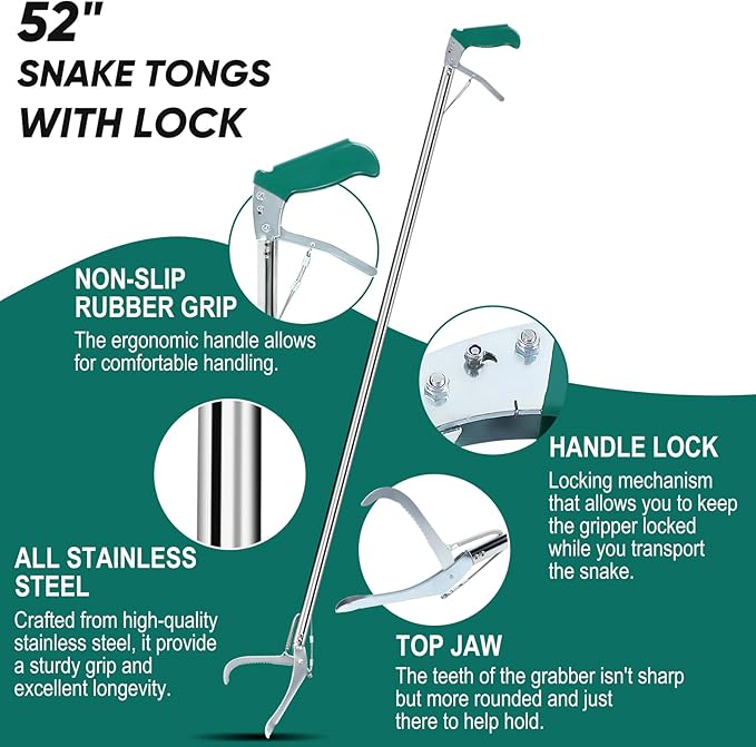 52" Snake Tongs Stick with Lock, Professional Snake Grabber Tool Heavy Duty Reptile Snake Catcher Grabber Stainless Steel Snake Pole Wide Jaw Handling Tool with a Protective Structures for Snakes